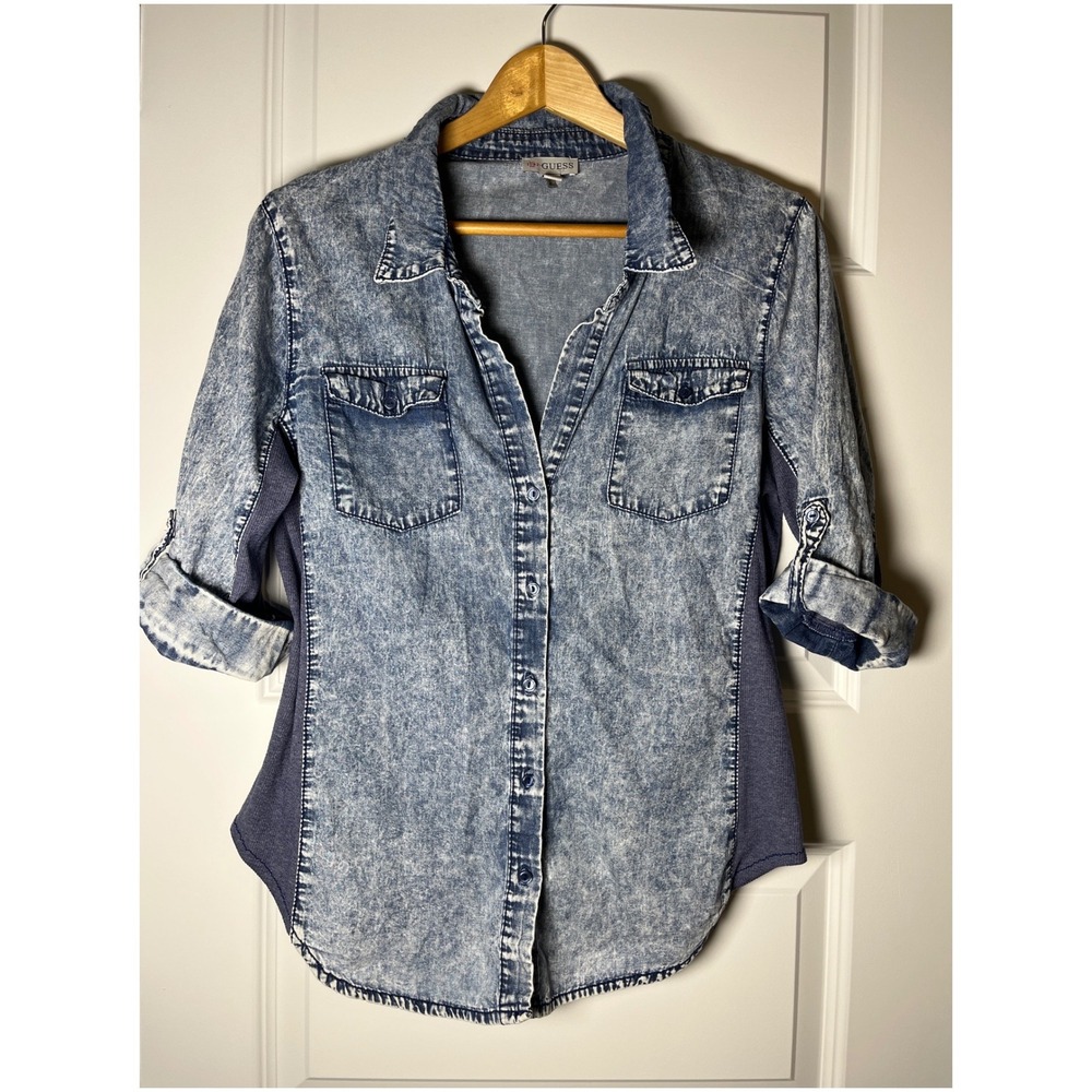 Guess Womens Acid Wash Denim Button Down Shirt Ribbed Side Panels Blue Size S